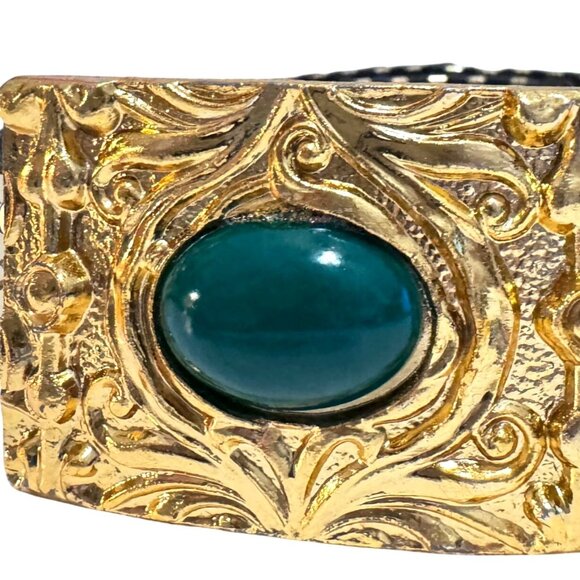 Gold-Tone Vtg  Mermaid Scale Stretch Belt Faux Green Gem Buckle 29" Adjustable - Picture 2 of 8